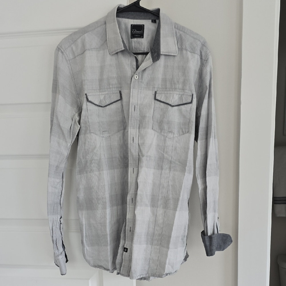 7 Diamonds Men Light Gray Plaid Button-Down Shirt